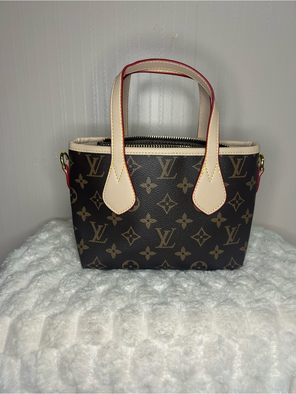 Source Unknown Brown Monogram Mini Tote with Cream Trim and Red Edge